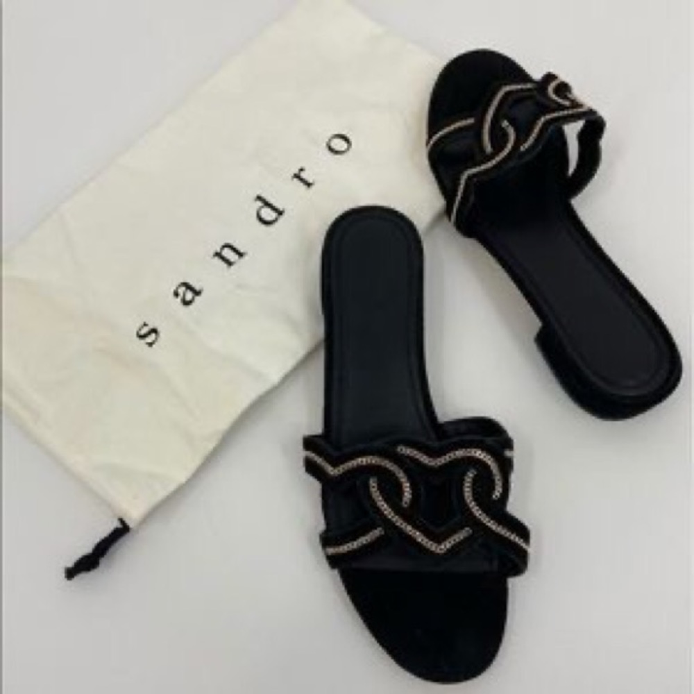 SANDRO NWT HEART ❤️ SLIP ON SUEDE SANDALS BLK SZ 7 - Picture 7 of 9
